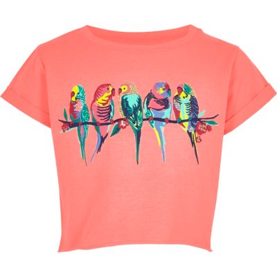 Girls pink cropped budgie embroidered T-shirt